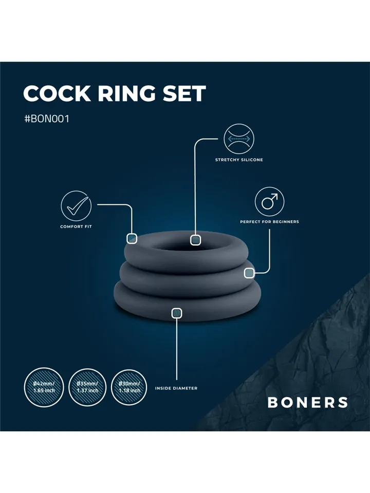 Boners 3-Piece Cock Ring Set Grey - Gaiļa gredzenu komplekts 2 [full]