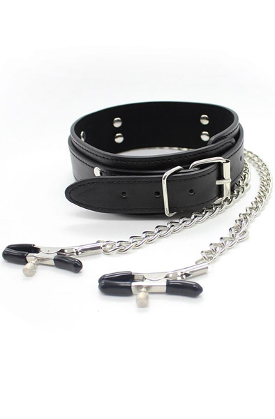 Collar With Nipple Clamps & Metal Chain - Kaklarota ar krūšu klipšiem 1