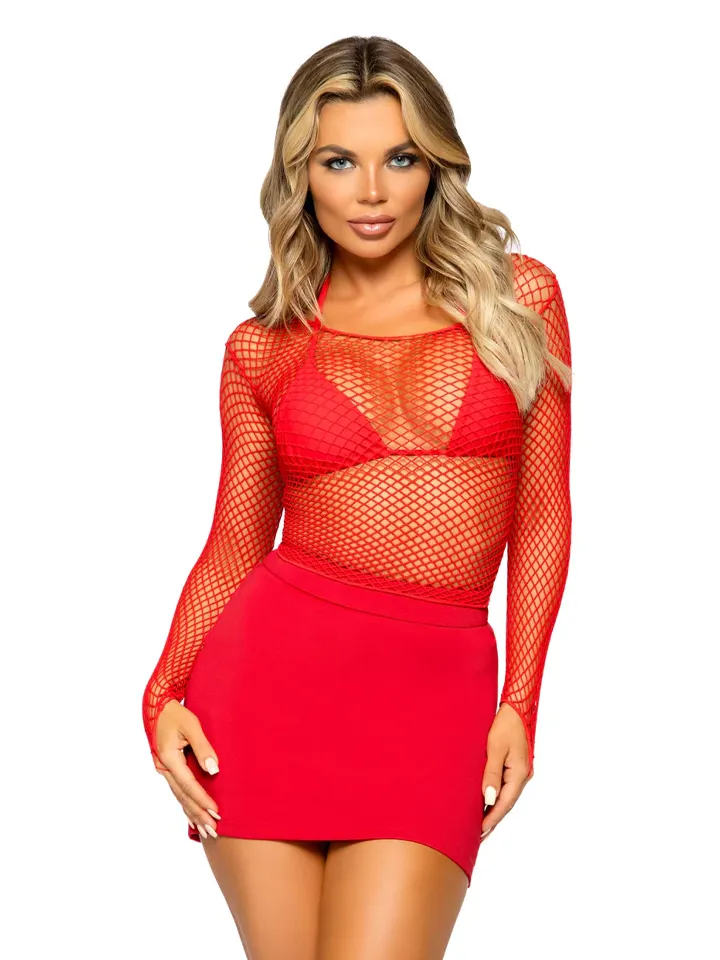 Elastane Long Sleeved Fishnet Shirt Red - Tīkla tops 1 [full]