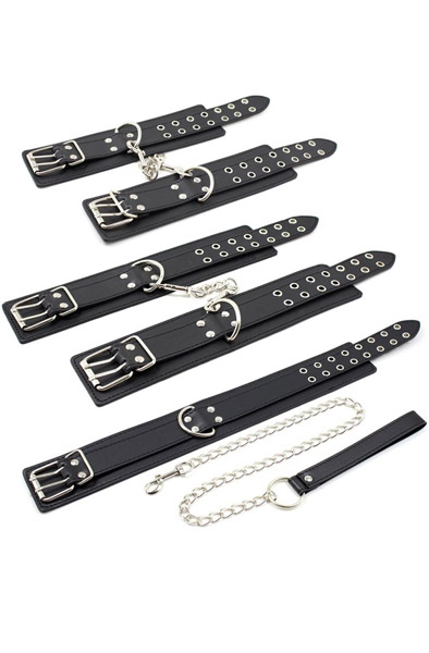 Handcuff & Collar Kit Double Pin Black - Plaukstas un potītes aproces 2