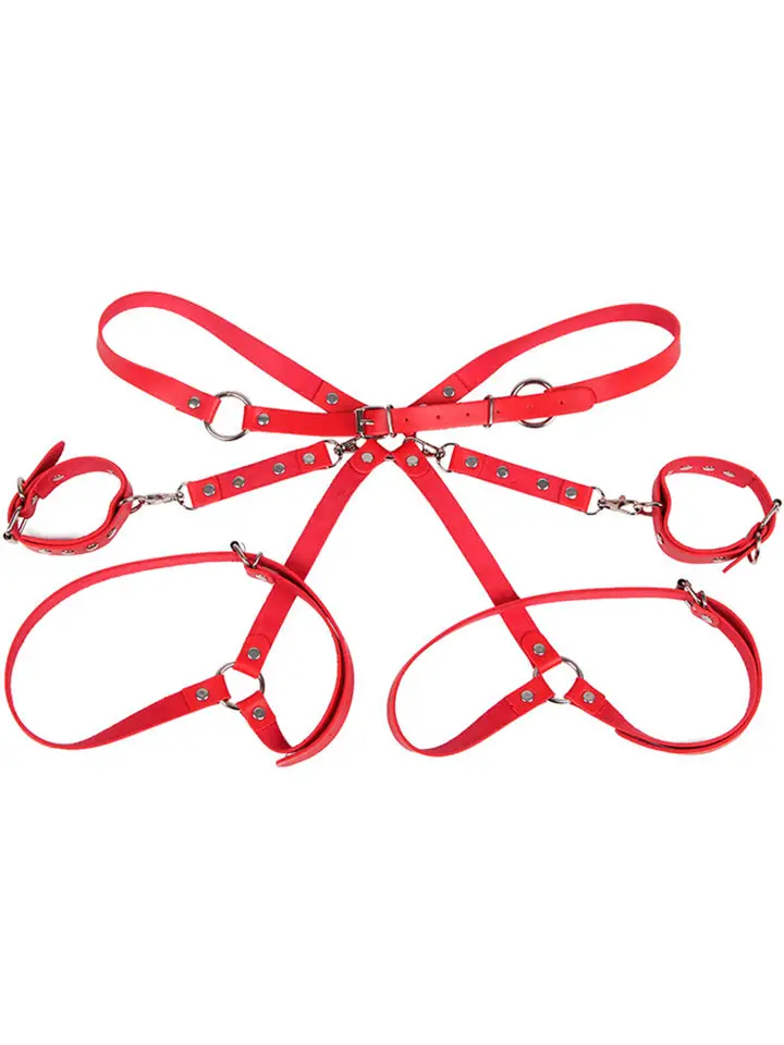 Handcuffs With Bondage Belt Red One Size - Augšstilba un plaukstas aproču komplekts 4