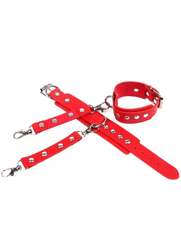 Handcuffs With Bondage Belt Red One Size - Augšstilba un plaukstas aproču komplekts 5