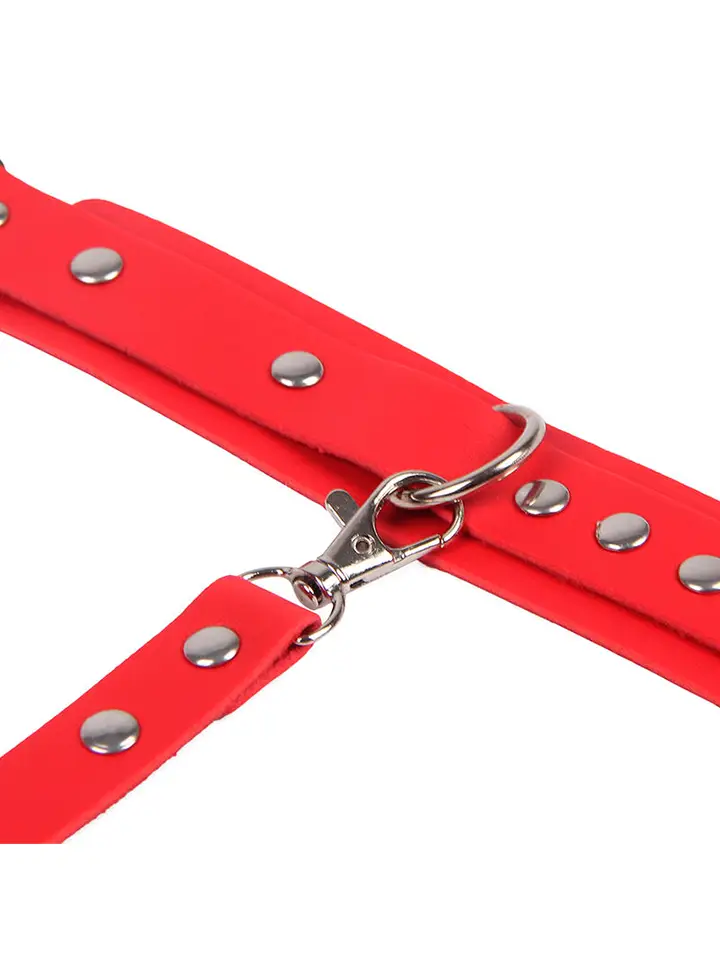 Handcuffs With Bondage Belt Red One Size - Augšstilba un plaukstas aproču komplekts 7