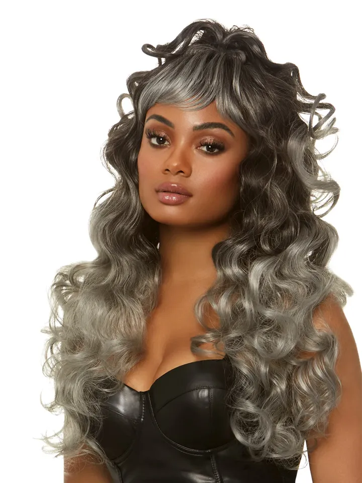 Long Curly Wispy Bang Wig Grey - Parūka 1 [full]