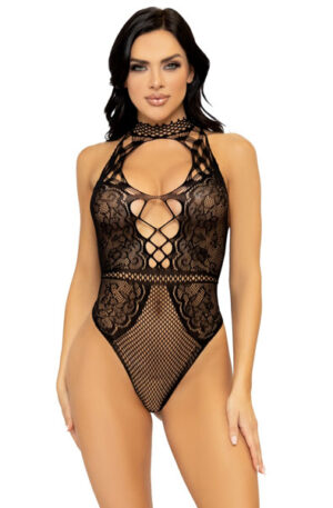 Net & Lace Keyhole Bodysuit Black - Tedijs 1