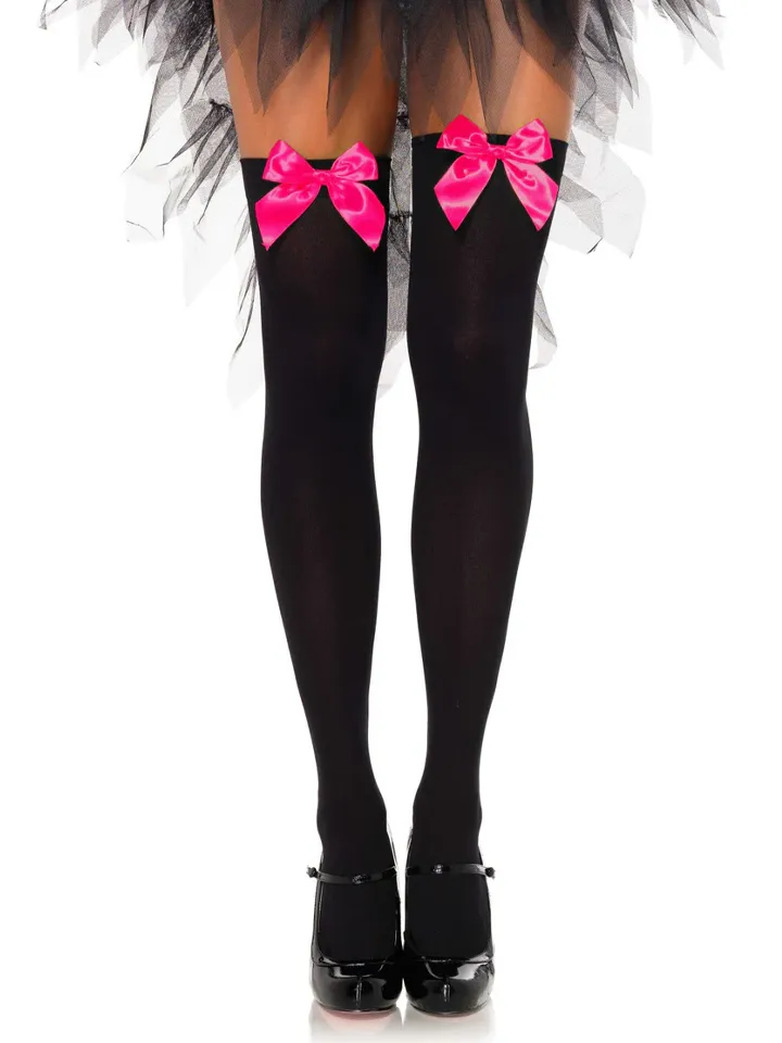 Nylon Thigh Highs With Bow Black/Pink - Zeķes 1 [full]