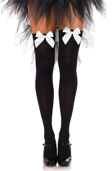 Nylon Thigh Highs With Bow Black/White - Zeķes 1