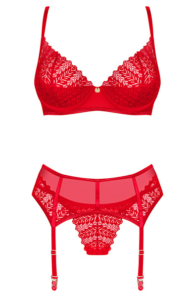 Obsessive Ingridia 3-pcs Set Red - Krūštura un krūštura komplekts 3
