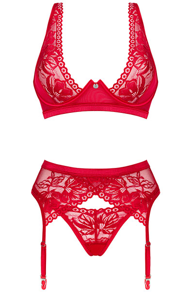 Obsessive Lacelove 3-pcs Set Red - Seksīga apakšveļa 3