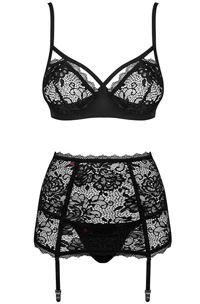 Obsessive Peonesia 3-pcs Set Black - Seksīga apakšveļa 3
