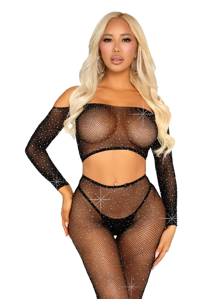 Rhinestone Fishnet Crop Top & Legging Black - Ķermeņa Veļas un Rotaļu Tērpi 1 [full]
