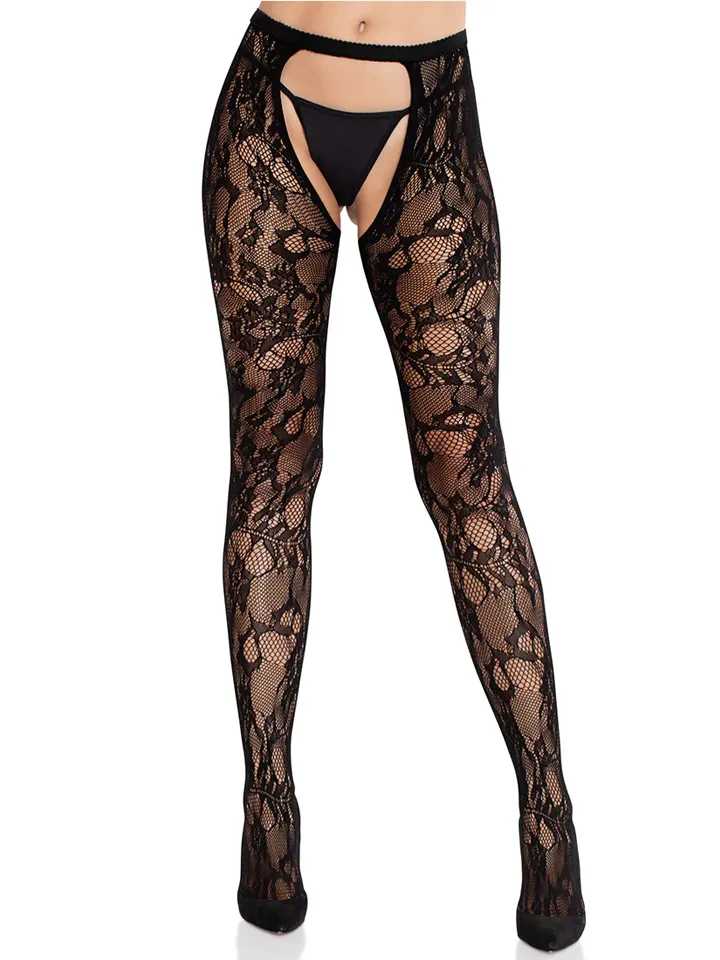 Rose Lace Crotchless Tights With Open Back Black - Zeķes 1 [full]