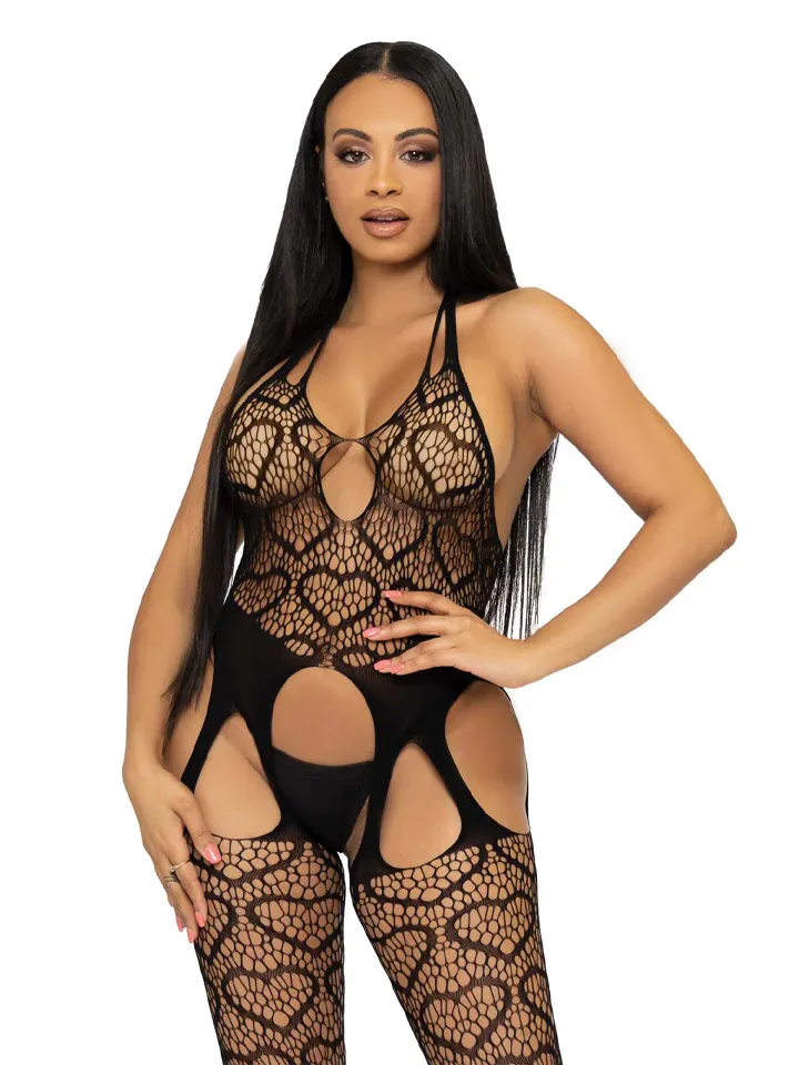 Seamless Heart Net Suspender Bodystocking Black O/S - Bodystocking 1 [full]