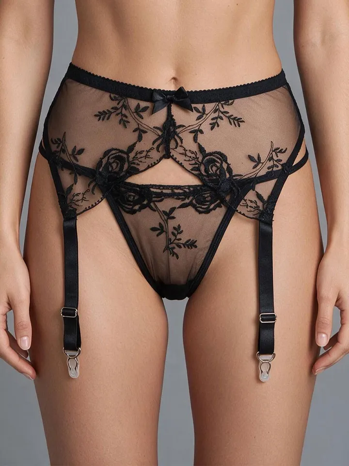 Sexy Embroidery Lace Garter Panty Black - Zeķes jostas turētājs 1 [full]