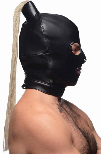 Strict Blonde Ponytail Bondage Hood Black - BDSM maska 3