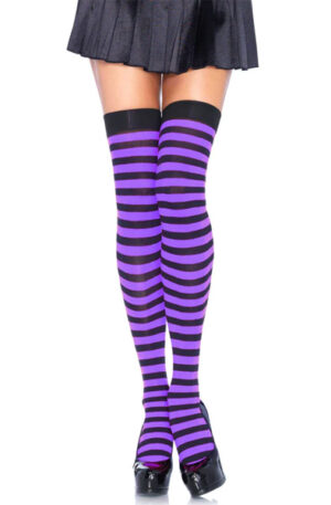 Striped Nylon Thigh Highs Black/Purple - Zeķes 1