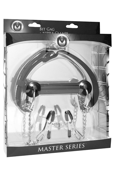 XR Play Hard Silicone Bit Gag with Nipple Clamps - Gag ar krūšu klipšiem 3